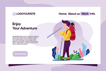Enjoy your adventure mountain climbing, back to nature flat illustration landing page