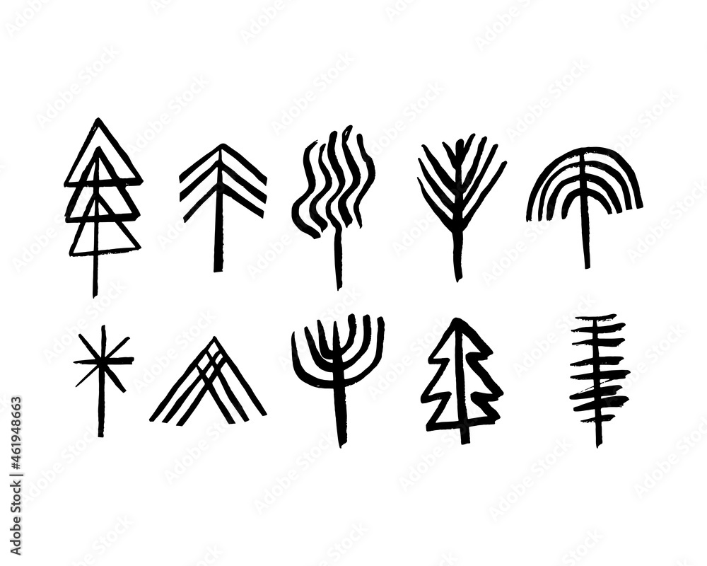 Poster set of trees illustration in a simple and minimalist style. a collection of the hand drawn doodles i