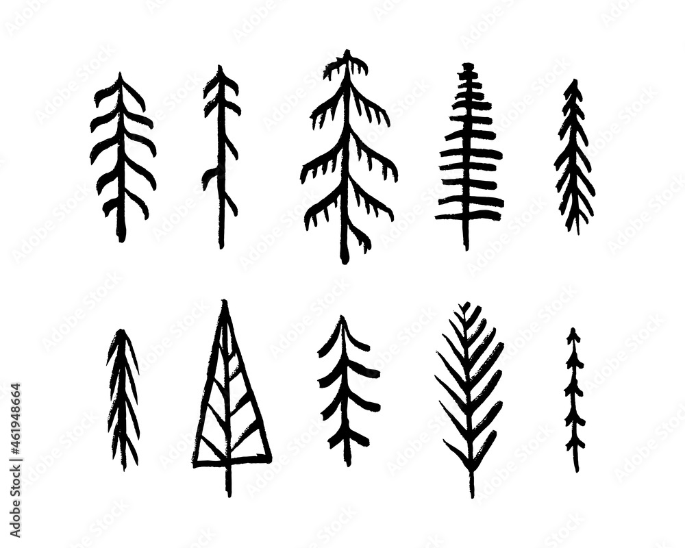 Poster set of trees illustration in a simple and minimalist style. a collection of the hand drawn doodles i