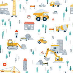 Cute children's seamless pattern with yellow car dump truck, crane, road, signs, house on white background. Illustration construction site in flat style for wallpaper, fabric, textile design. Vector - 461948898