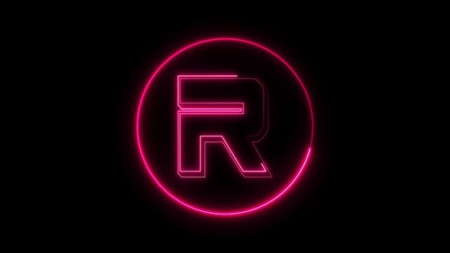 Neon font letter R , Animated pink neon alphabet symbol on black background.