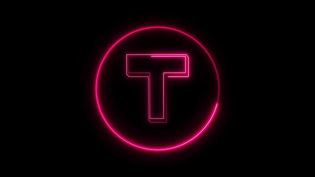 Neon font letter T. Animated pink neon alphabet symbol on black background.