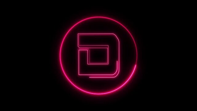 Neon font letter D uppercase appear in center and disappear after some time. Animated pink neon alphabet symbol on black background.