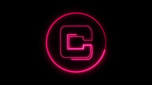Neon font letter C uppercase appear in center and disappear after some time. Animated pink neon alphabet symbol on black background.