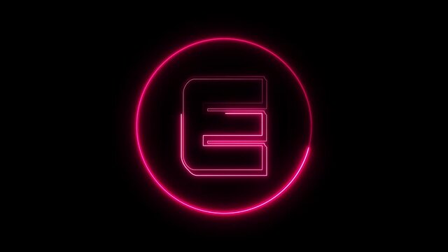 Neon font letter E uppercase appear in center and disappear after some time. Animated pink neon alphabet symbol on black background.