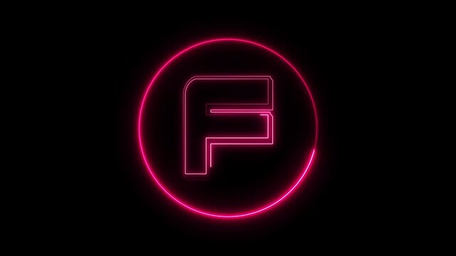 Neon font letter F uppercase appear in center and disappear after some time. Animated pink neon alphabet symbol on black background.