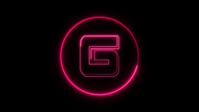 Neon font letter G uppercase appear in center and disappear after some time. Animated pink neon alphabet symbol on black background.