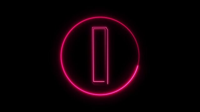 Neon font letter I uppercase appear in center and disappear after some time. Animated pink neon alphabet symbol on black background.