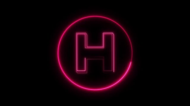 Neon font letter H uppercase appear in center and disappear after some time. Animated pink neon alphabet symbol on black background.