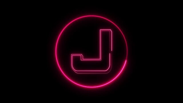 Neon font letter J uppercase appear in center and disappear after some time. Animated pink neon alphabet symbol on black background.