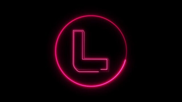 Neon font letter L uppercase appear in center and disappear after some time. Animated pink neon alphabet symbol on black background.