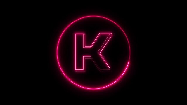 Neon font letter K, uppercase appear in center and disappear after some time. Animated pink neon alphabet symbol on black background.