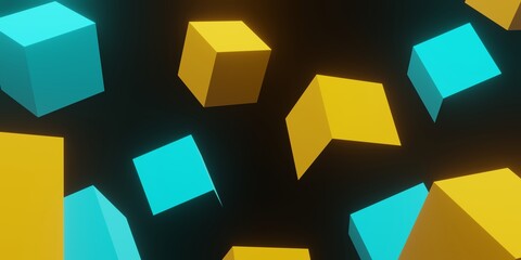 abstract background with squares yellow and blue, 3d render