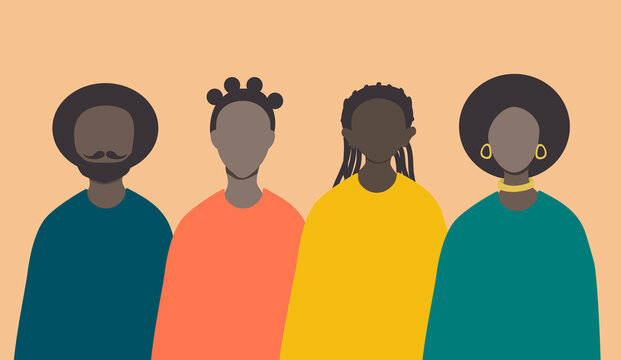 vector illustration on the theme of diversity of people of color, afican american. man and women with different hairstyles and skin tones. trend illustration in flat style