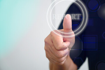 woman touching report sign on virtual screen.