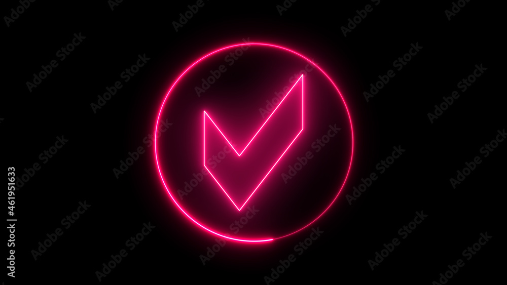 Poster glowing neon line check mark in circle icon isolated on black background. choice button sign