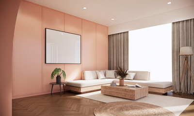 interior of japandi apartment, peach color living room with sofa, blank picture frame and large window, 3d rendering