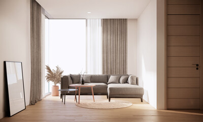 interior of japandi apartment, modern scandinavian living room with sofa, blank picture frame and large window, 3d rendering