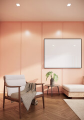 blank picture frame mock up in modern japandi peach living room interior design with armchair, 3d rendering