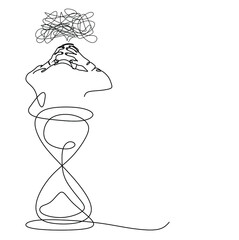 a continuous drawing of a single line of a skeptical man holding his hands behind his head and an hourglass .  The concept of psychology and time loss