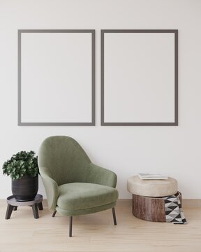 Mockup para dos cuadros sobre pared, con sillón verde, 3d render