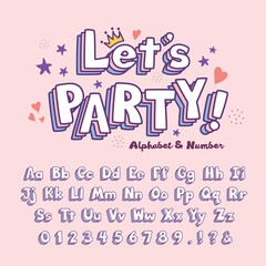 Cute trendy cartoon alphabet letter and number in soft pink, purple colors. Funky 3D layered font or typeface for title or headline, poster, print, graphic layout, etc. Girly typography.