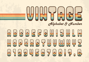 Fototapeta Retro striped alphabet letter and number in 70's style. Seventies nostalgic typographic design. Vintage hippie font or typeface for title, headline, poster, banner, graphic layout, etc. obraz