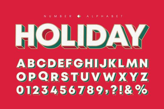 Modern pop art 3D or isometric letters and number set. Xmas or Christmas stylish bold font. Holidays typeface for poster, web design, invitation, graphic print, greeting card, product packaging, etc. 