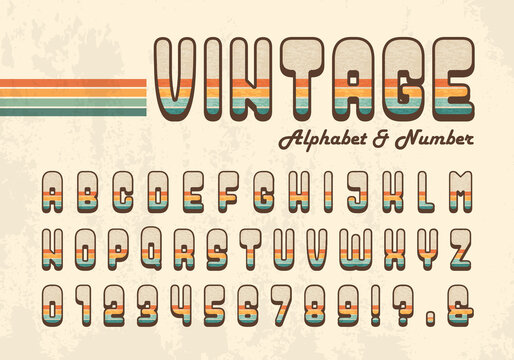 Retro striped alphabet letter and number in 70's style. Seventies nostalgic typographic design. Vintage hippie font or typeface for title, headline, poster, banner, graphic layout, etc.