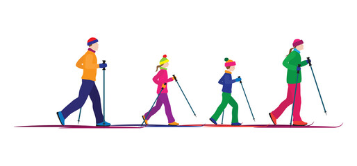 Family skiing. Family sports. Winter sport.