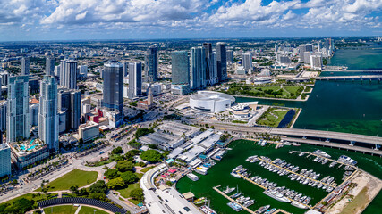 aerial drone panoramic view of Miami Beach, Florida with city