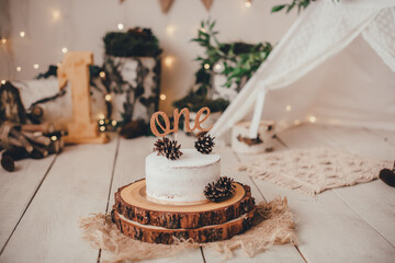 Card. Stylish photo zone in the style of the forest. A cake on a cut of a pine in the foreground, birch stumps, a children's tent and lights. Light background, white wood floor. Сake smash concept.