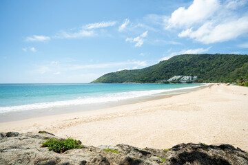 Beautiful sea middle two mountains blue sky background.Landscape view beach sea and sand on summer.