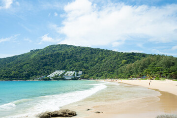Beautiful sea middle two mountains blue sky background.Landscape view beach sea and sand on summer.