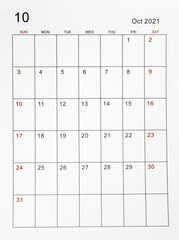October 2021 calendar vertical template.