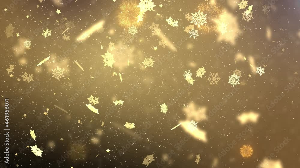 Poster golden confetti snowflakes and bokeh lights on the red loop 4k 3d background. 2022 2023 2024 new yea