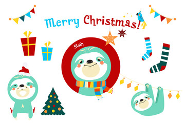 Cute Sloth with colorful Christmas hand drawn vector illustration.