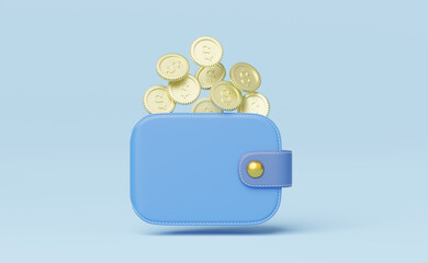 Gold coin falling into wallet floating on blue background. mobile banking and Online payment service. Save dollar coin in Pig money box. Saving money wealth and business financial concept. 3d render. - obrazy, fototapety, plakaty