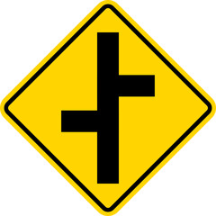 Fototapeta premium offset side road intersection sign. Yellow diamond background. Traffic signs and symbols.