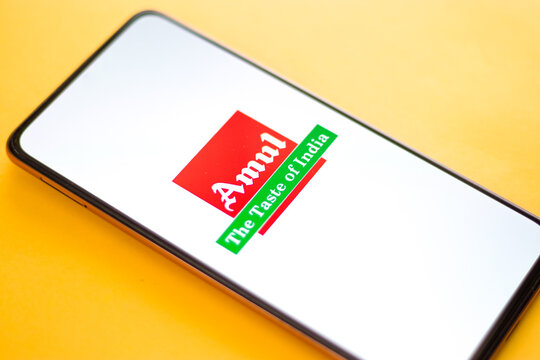 West Bangal, India - October 09, 2021 : Amul logo on phone screen stock image.
