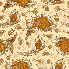 Vector ethnic Wallpaper. Seamless colorful background with ethnic elements. Pattern with decorative peacock feathers, indian style.