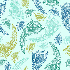 Seamless pattern with ethnic feathers. Vector illustration. Abstract background of decorative peacock feathers. Background for cards, textiles and design.
