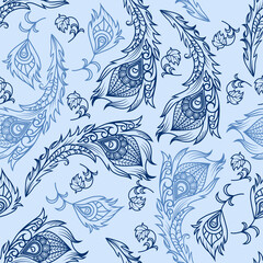 Vector ethnic Wallpaper. Seamless colorful background with ethnic elements. Pattern with decorative peacock feathers, indian style.