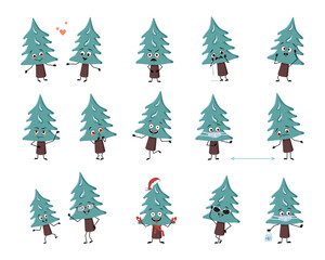 Set of cute Christmas tree character with emotions, face, arms and legs. Cheerful or sad festive decoration for New year falls in love, keep distance in mask, dance in Santa hat and expressions