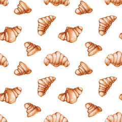 Breakfast clipart objects isolated on white background. Watercolor seamless pattern with illustration of traditional breakfast, lunch ingredient element croissant.