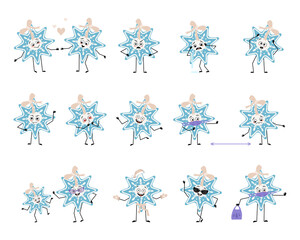 Set of cute Christmas snowflake character with emotions, face, arms and legs. Cheerful or sad festive decoration for New year falls in love, keep distance in mask, dance in Santa hat and expressions