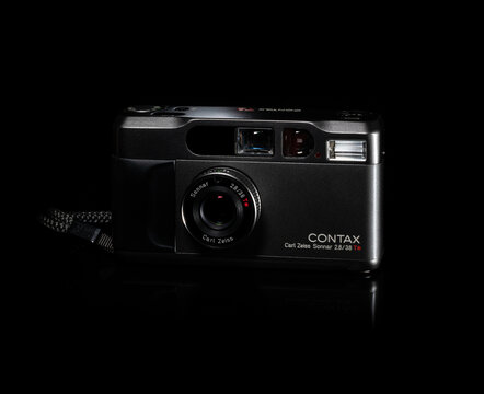 Fukuoka, Japan - october 10, 2021 : Contax T2 compact point-and-shoot film camera isolated on black background 