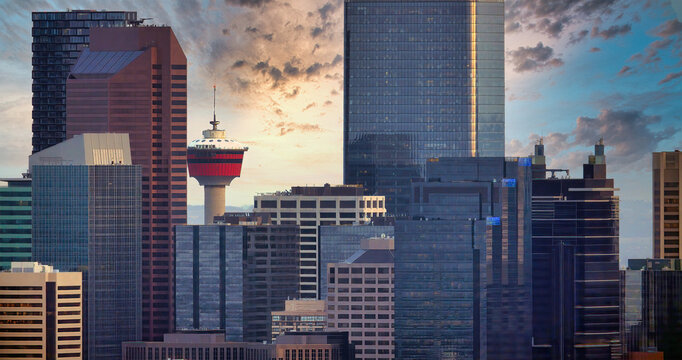 Calgary Downtown buildings during a dramatic sunset