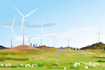 Fototapeta premium Colorful vector illustration of a landscape with wind wheels