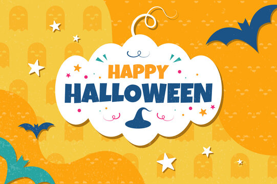 Banner, illustration of happy halloween, bats, pumpkin Paper Cut Out. Children's holiday. Yellow-orange-blue. 